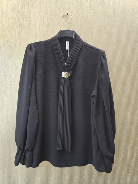 blouse met strik pliche zwart